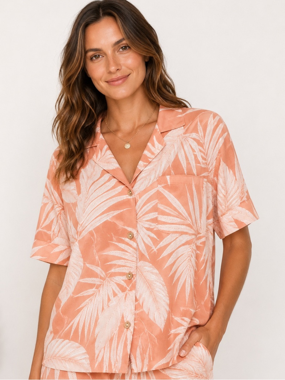 Tahari Sleepwear Linen Blend Palm Print Pajama‎ Top Large Coastal Resort Shirt